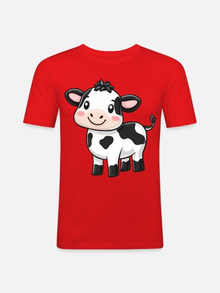 Simpatica mucca dei cartoni animati - Design adorabile e stravagante - Maglietta aderente da uomo - rosso