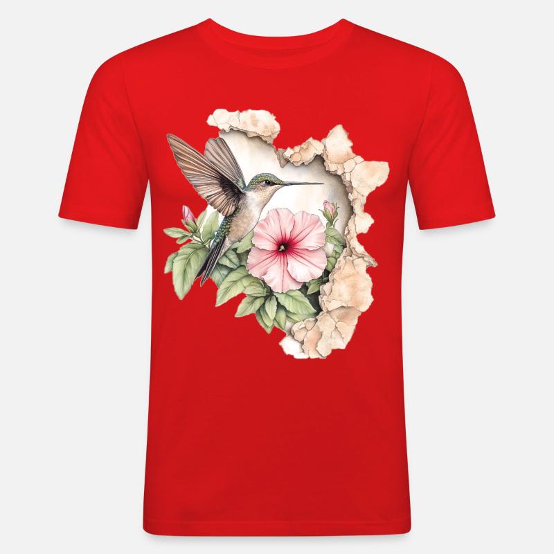 Colibrì con fiore - Maglietta aderente da uomo - rosso