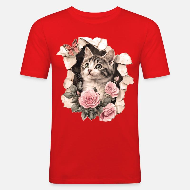 Gatto e farfalla - Maglietta aderente da uomo - rosso