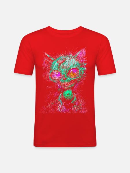 Psychedelische Zombie-Katze Unheimliche Monster-Neon-Kunst - Männer Slim Fit T-Shirt - Rot