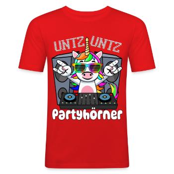 DJ Einhorn - Untz Untz Partyhörner - Techno, Rave - Männer Slim Fit T-Shirt - Rot - Vorne - Jaron (178cm)
