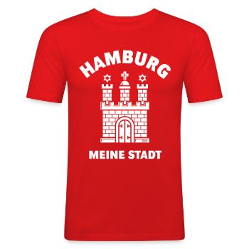 Hamburg Wappen – Meine Stadt - Männer Slim Fit T-Shirt - Rot - Vorne - Jaron (178cm)