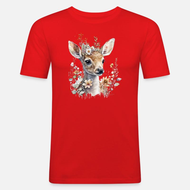 Reh mit Blumen - Männer Slim Fit T-Shirt - Rot