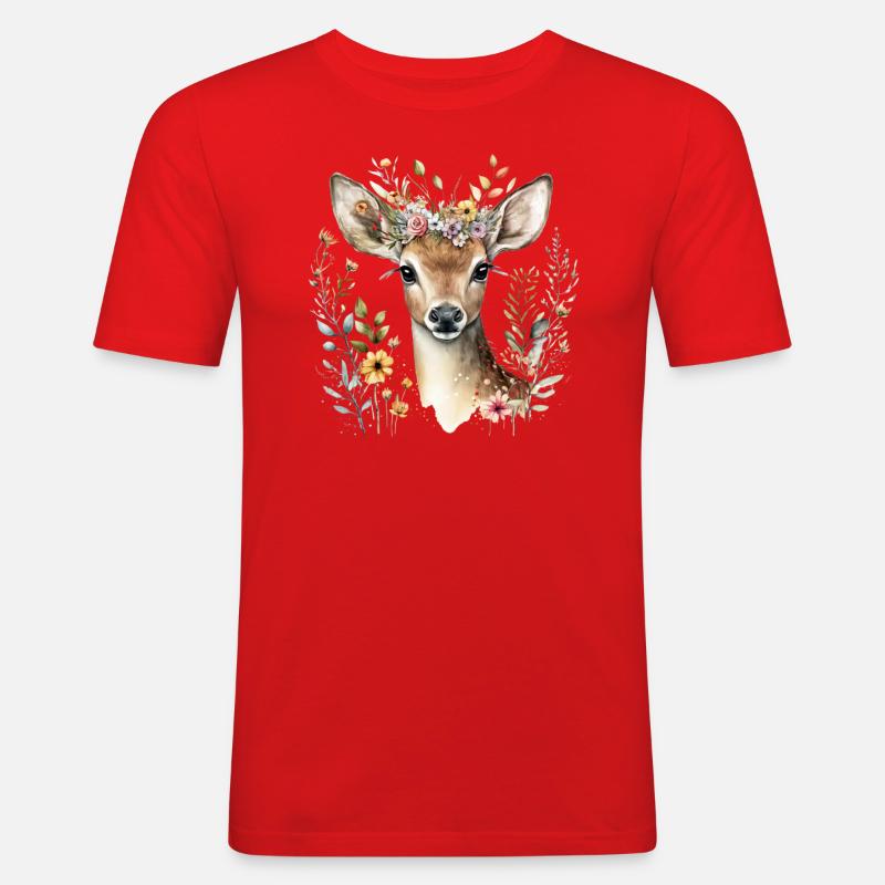 Reh mit Blumen - Männer Slim Fit T-Shirt - Rot