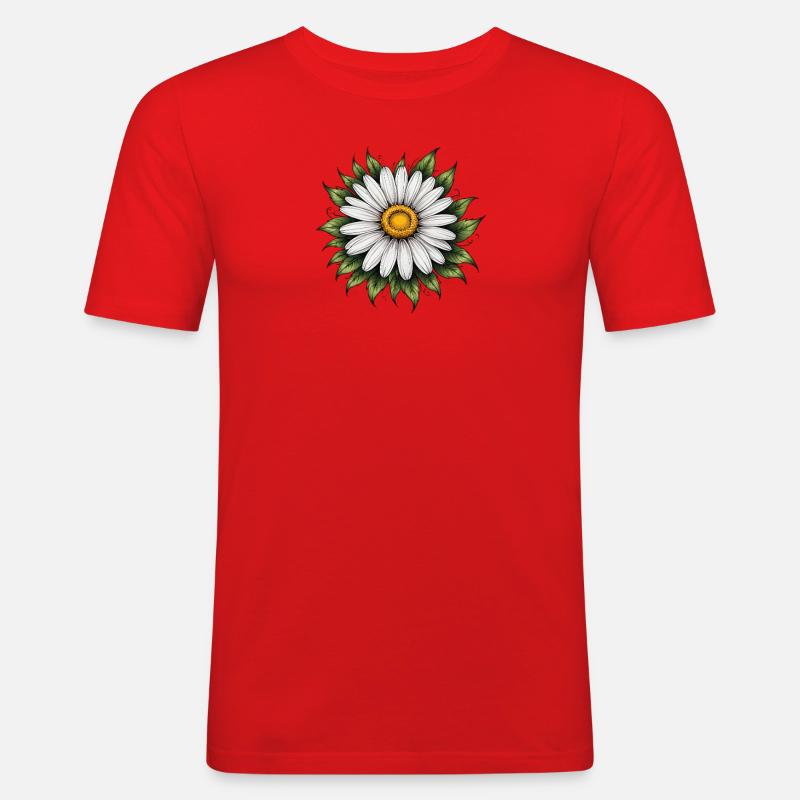 Daisy Bloom mit Blättern - Männer Slim Fit T-Shirt - Rot