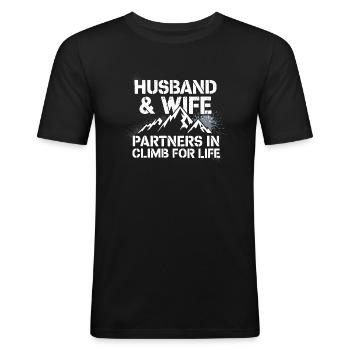 Partenariat d’escalade amusant pour les couples - T-shirt près du corps Homme - noir - Devant - Nik (191cm)