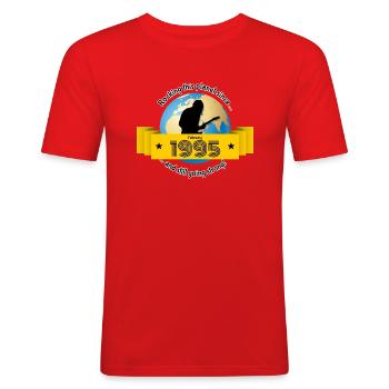 30. Geburtstag Rocking this planet since 02/1995 - Männer Slim Fit T-Shirt - Rot - Vorne - Jaron (178cm)