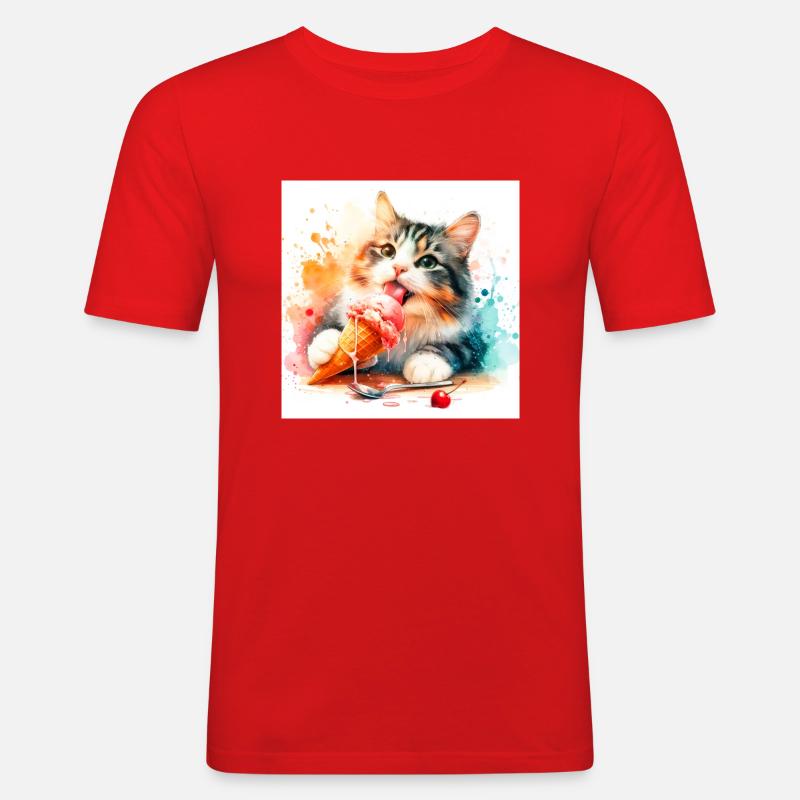 Kätzchen isst Eis - Männer Slim Fit T-Shirt - Rot