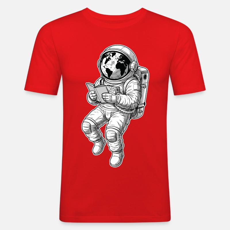 Astronaut Reading Space Earth - Männer Slim Fit T-Shirt - Rot