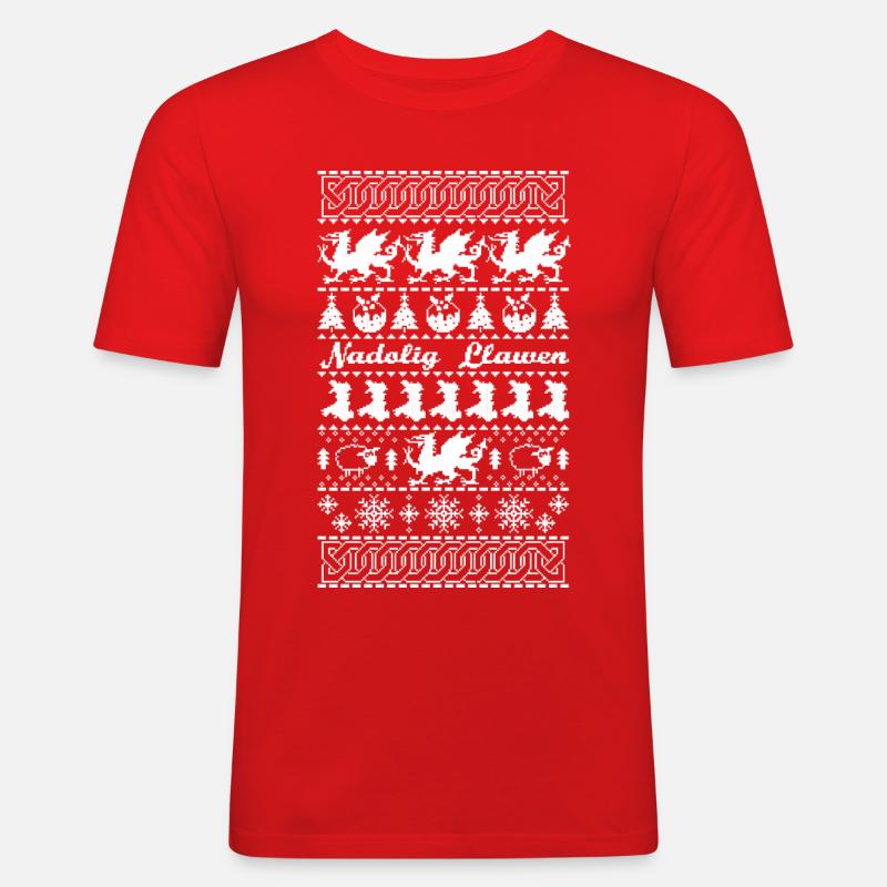 Walisischer Weihnachtspullover - Männer Slim Fit T-Shirt - Rot