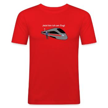 Jetzt bin ich am Zug! - Männer Slim Fit T-Shirt - Rot - Vorne - Jaron (178cm)