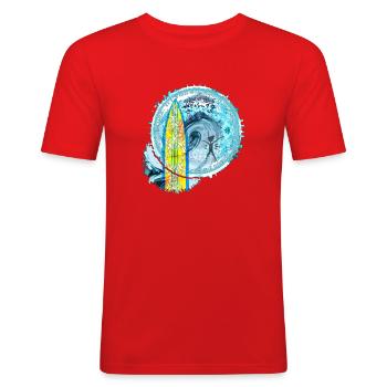 Wellen- und Surfer Motiv mit Mandala - Männer Slim Fit T-Shirt - Rot - Vorne - Jaron (178cm)