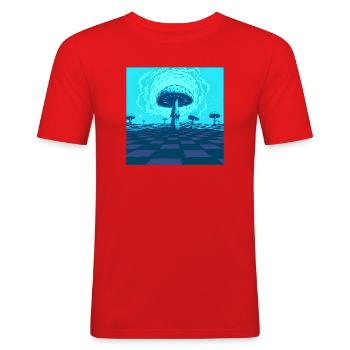 Futuristische blaue psychedelische Pilzszene - Männer Slim Fit T-Shirt - Rot - Vorne - Jaron (178cm)