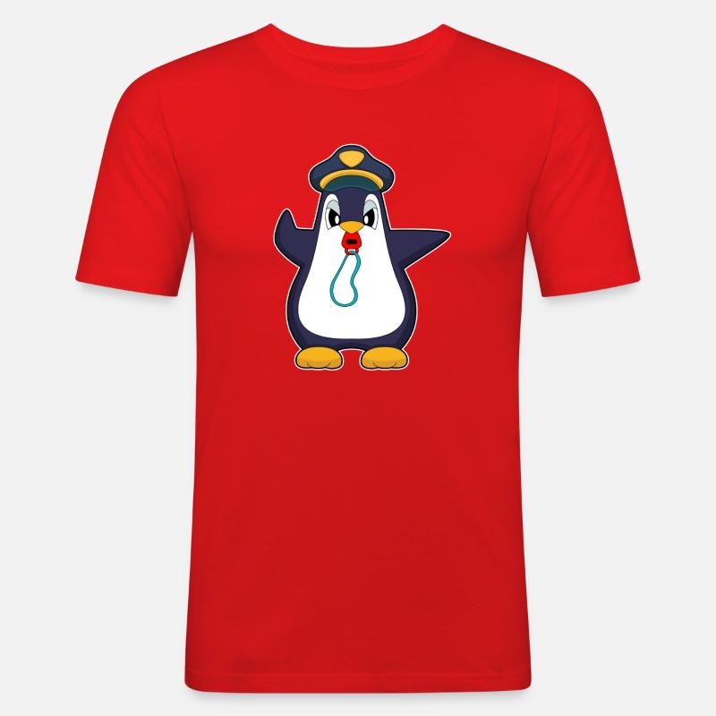 Pinguin Polizist Trillerpfeife Polizei - Männer Slim Fit T-Shirt - Rot