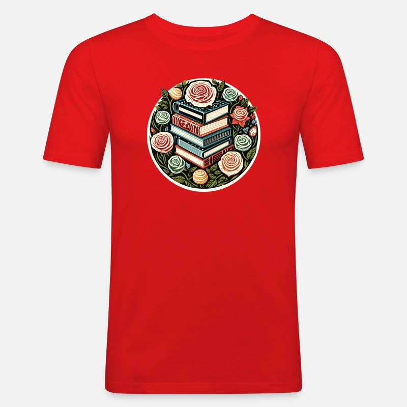 Florales Book Stack Emblem - Männer Slim Fit T-Shirt - Rot