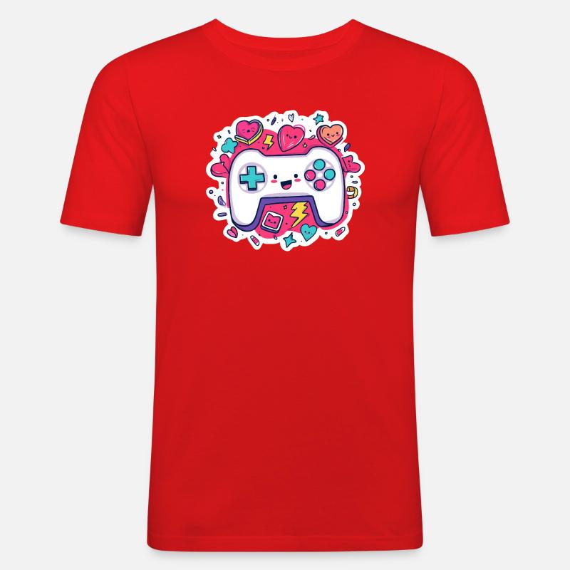 Kawaii Controller Herz Neon Stil - Männer Slim Fit T-Shirt - Rot