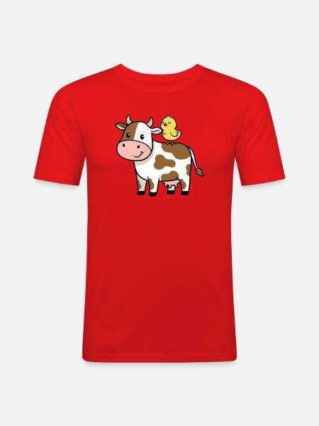 Cute Cow with Bird Friendship - Men's Slim Fit T-Shirt - red