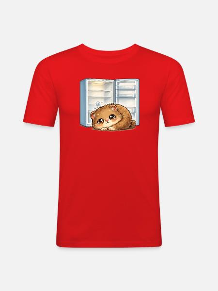 Petit chat devant un réfrigérateur ouvert - T-shirt près du corps Homme - rouge