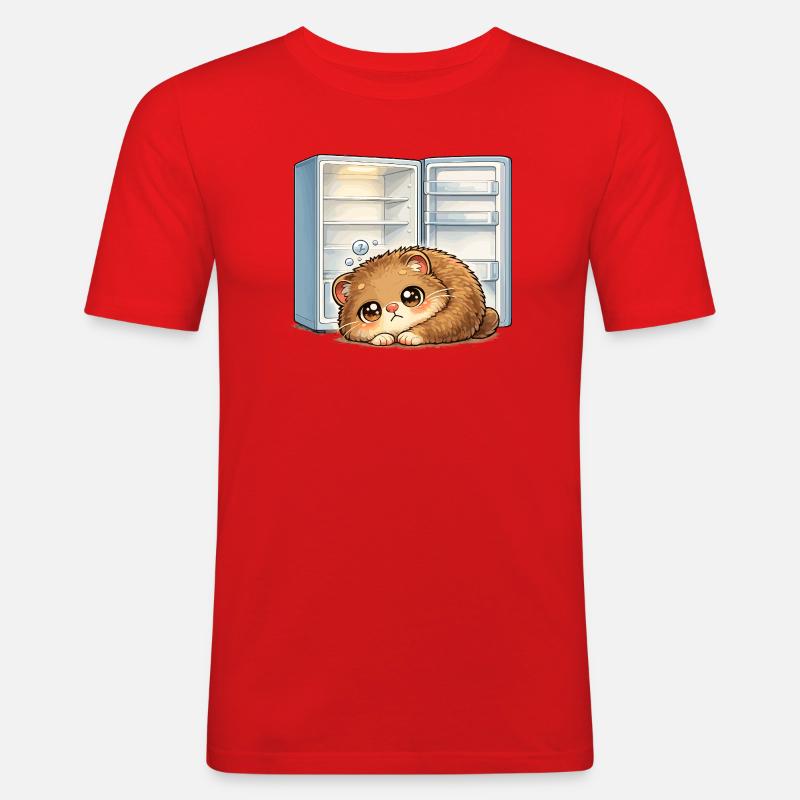 Petit chat devant un réfrigérateur ouvert - T-shirt près du corps Homme - rouge