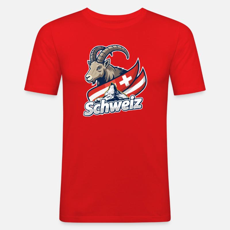 Alpensteinbock mit Schweizer Flagge - Männer Slim Fit T-Shirt - Rot