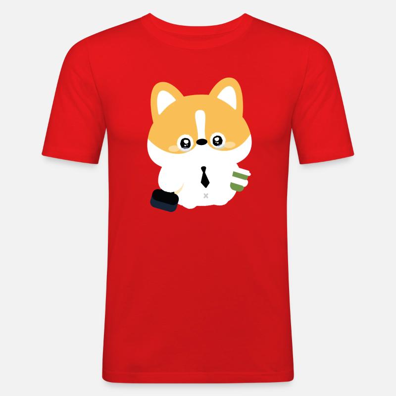 Corgi con cravatta e tazza di caffè - Maglietta aderente da uomo - rosso