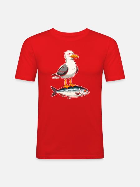 Möwe auf Forelle Cartoon - Männer Slim Fit T-Shirt - Rot