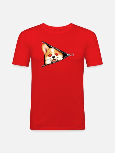 Corgi Hund Reißverschluss - Männer Slim Fit T-Shirt - Rot