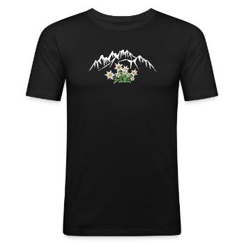 Alpen Edelweiß vor Berggruppe - Männer Slim Fit T-Shirt - Schwarz - Vorne - Nik (191cm)