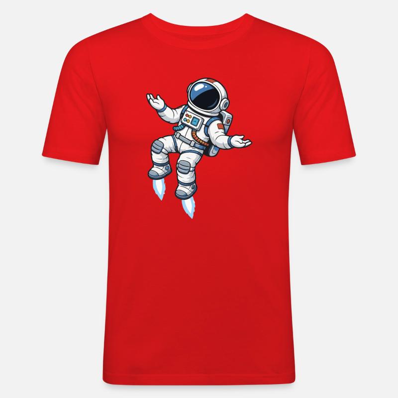 Schwebender Comic Astronaut mit Raketenantrieb - Männer Slim Fit T-Shirt - Rot