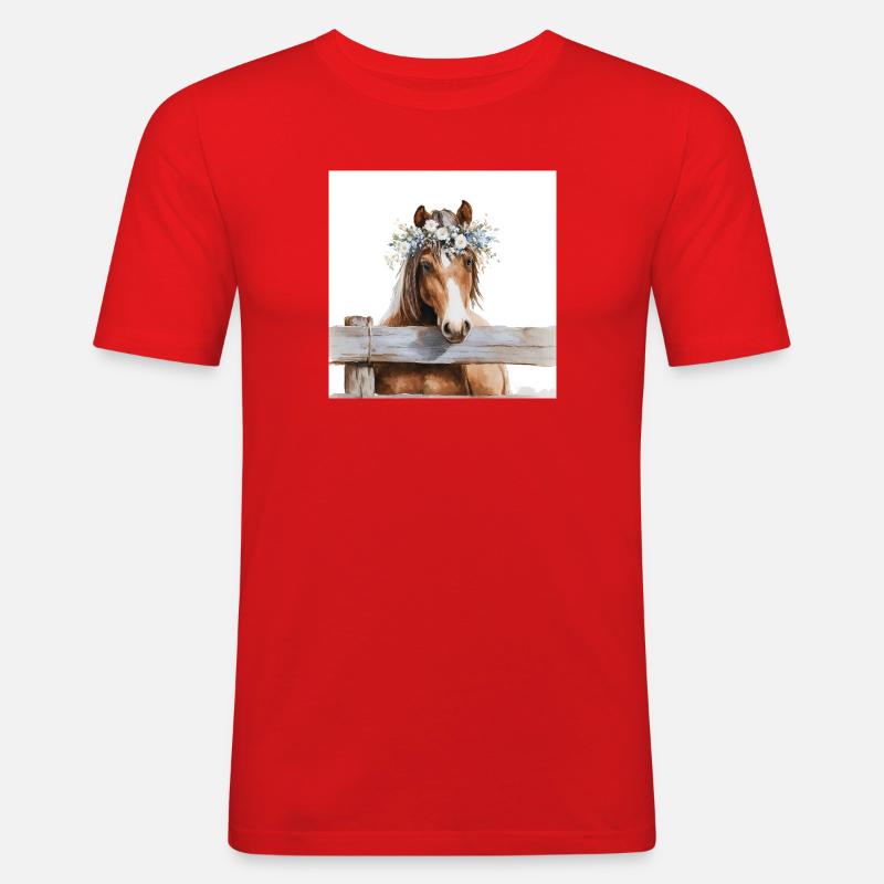 Blütengekrontes Pferd - Männer Slim Fit T-Shirt - Rot