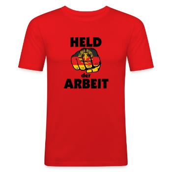 Held der Arbeit - Ostalgie DDR - Männer Slim Fit T-Shirt - Rot - Vorne - Jaron (178cm)
