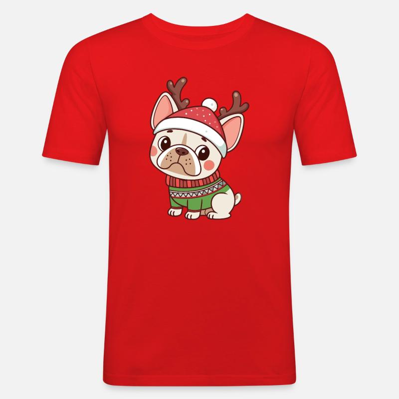 Chiot Noël Bonnet et Pull Vert - T-shirt près du corps Homme - rouge