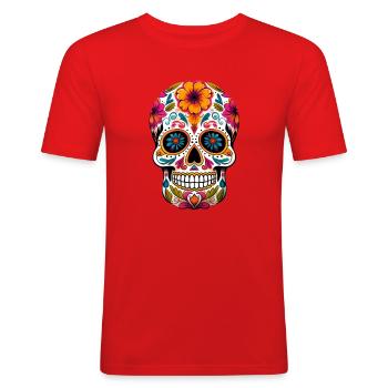 Freundlicher La Catrina Totenkop, kräftige Farben - Männer Slim Fit T-Shirt - Rot - Vorne - Jaron (178cm)