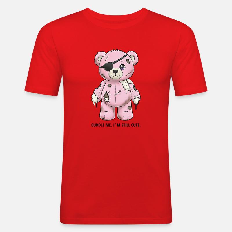 Patchwork Pinker Teddybär mit Augenklappe - Männer Slim Fit T-Shirt - Rot
