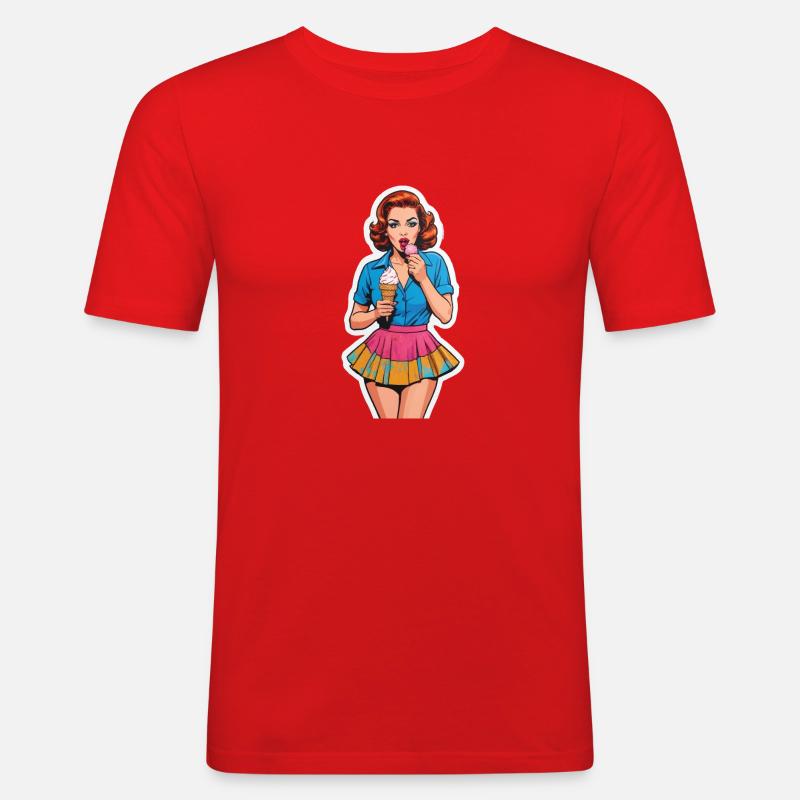 Retro Mädchen Eis essen - Männer Slim Fit T-Shirt - Rot