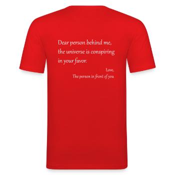 Verschwörungsuniversum weiß - Männer Slim Fit T-Shirt - Rot - Hinten - Jaron (178cm)