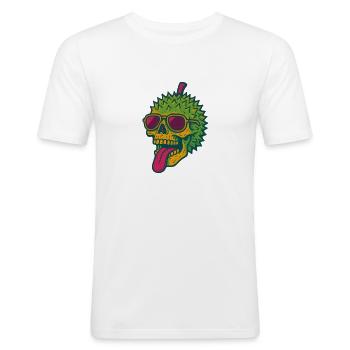 Durian Crâne Drôle Squelette Vegan Jolly Roger - T-shirt près du corps Homme - blanc - Devant - Nik (191cm)