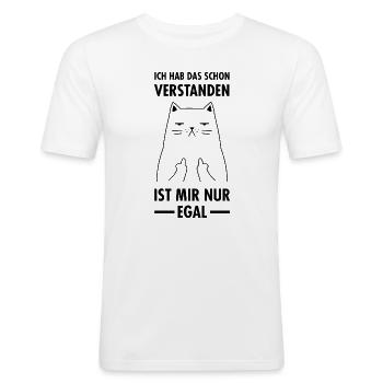 Verstanden - Ist Mir Nur Egal - Katze Mittelfinger - Männer Slim Fit T-Shirt - Weiß - Vorne - Nik (191cm)