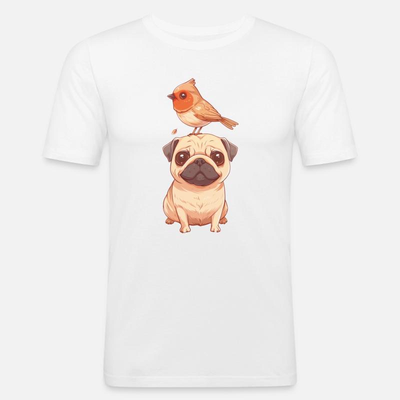Mops mit Vogel - Männer Slim Fit T-Shirt - Weiß