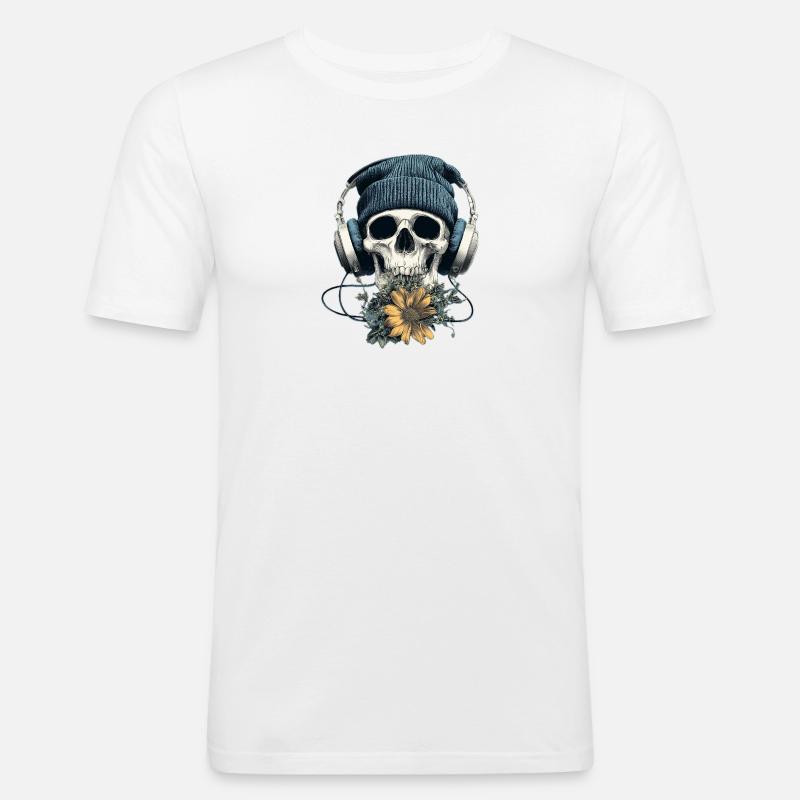 Schädel mit Kopfhörer und Blumen - Männer Slim Fit T-Shirt - Weiß