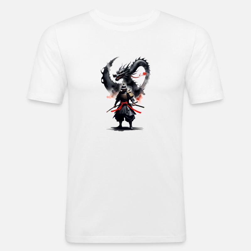 Samurai Krieger Schwarzer Drache - Männer Slim Fit T-Shirt - Weiß
