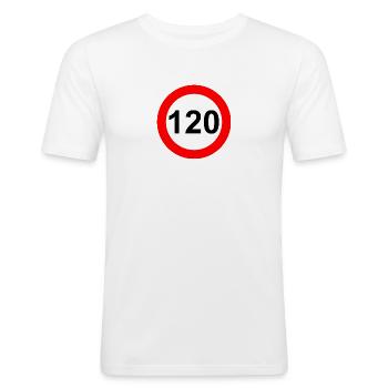 Panneau routier limite de vitesse 120 - T-shirt près du corps Homme - blanc - Devant - Nik (191cm)