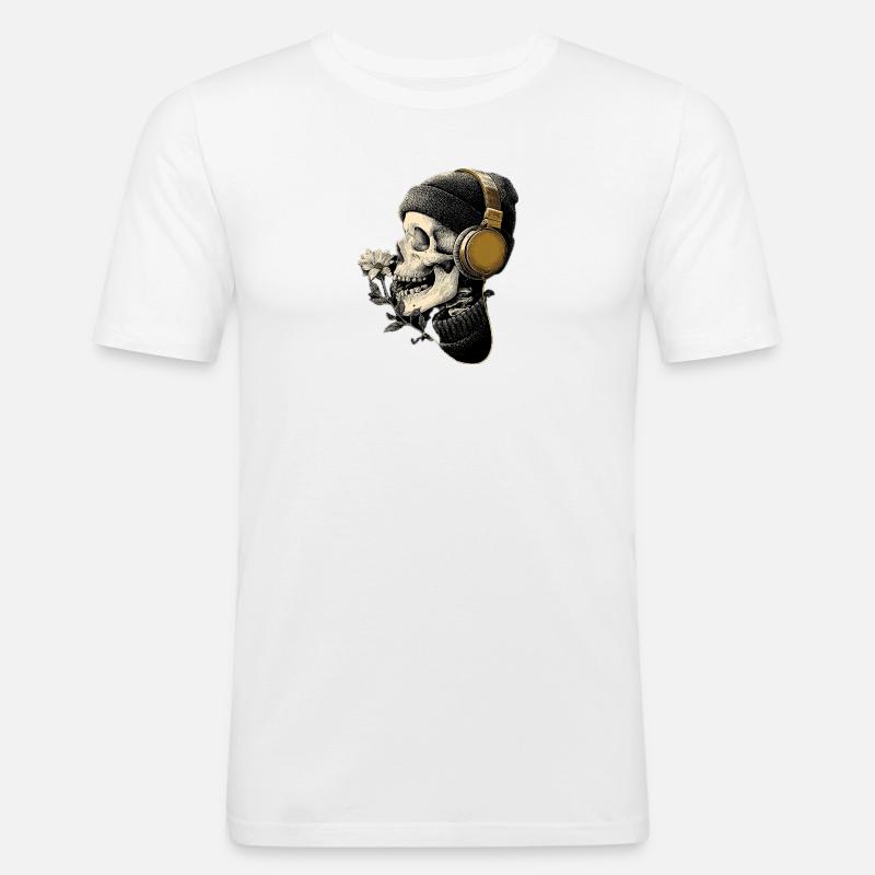 Kopfhörer-Skull mit Blume - Männer Slim Fit T-Shirt - Weiß