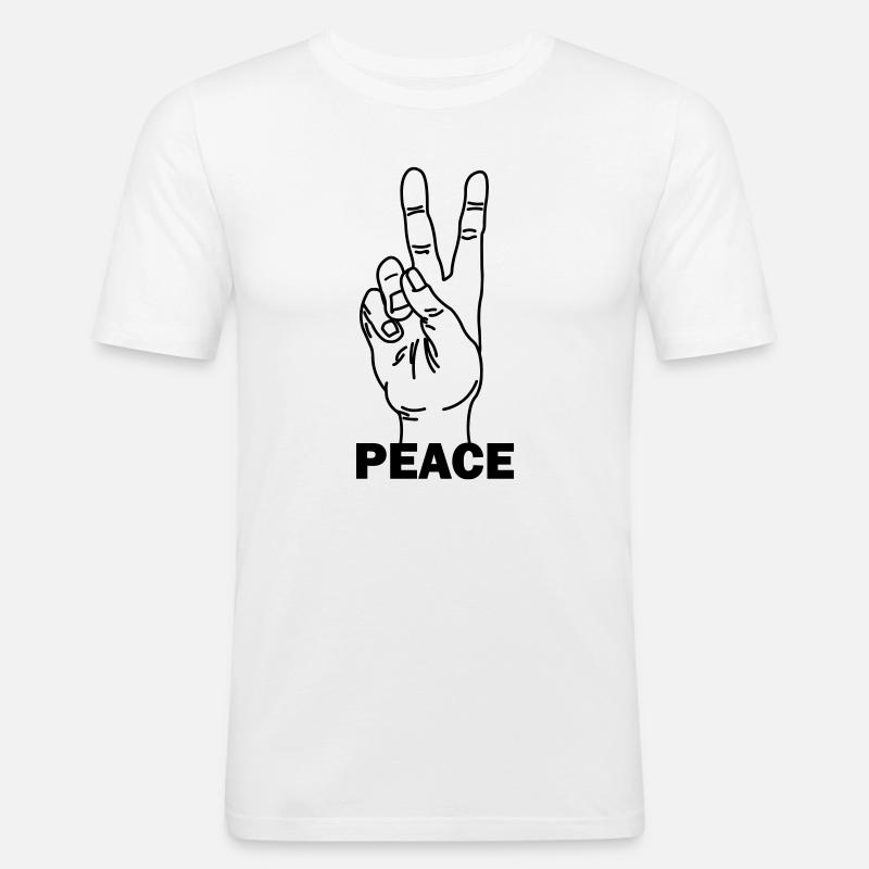 Handgeste Frieden mit Friedenstext - Männer Slim Fit T-Shirt - Weiß