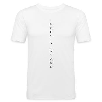 In Christus alleen [DOEN] - Mannen slim fit T-shirt - wit - Voor - Nik (191cm)