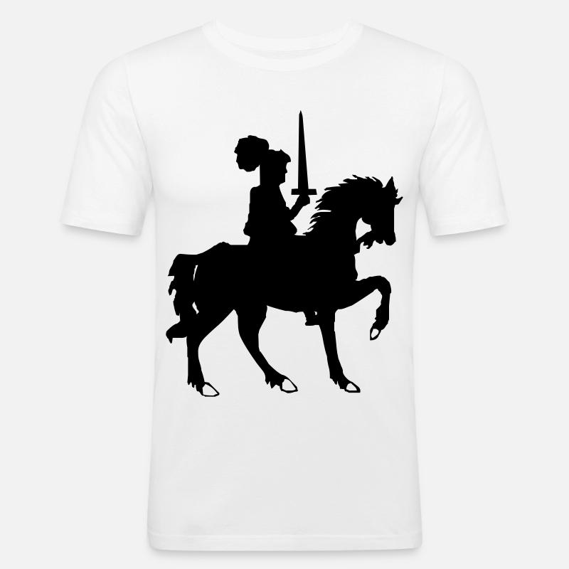 Cavaliere con spada e cavallo - Maglietta aderente da uomo - bianco