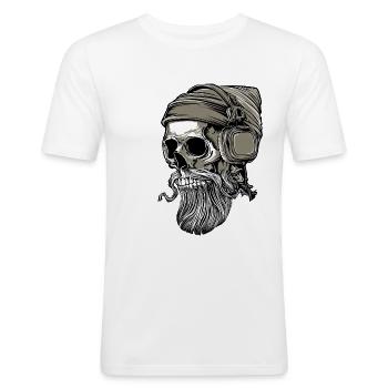 Bart Hipster Skull mit Kopfhörer - Männer Slim Fit T-Shirt - Weiß - Vorne - Nik (191cm)