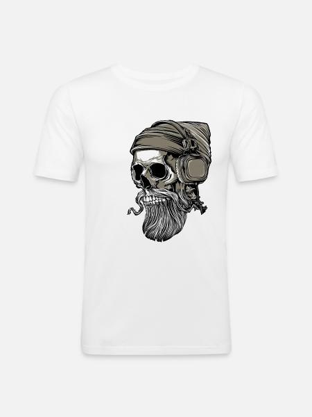 Bart Hipster Skull mit Kopfhörer - Männer Slim Fit T-Shirt - Weiß