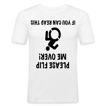 L’utilisateur du fauteuil roulant est à l’envers. Humour # - T-shirt près du corps Homme - blanc - Devant - Nik (191cm)