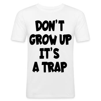 Word niet volwassen, het is een val, humor tekst # - Mannen slim fit T-shirt - wit - Voor - Nik (191cm)